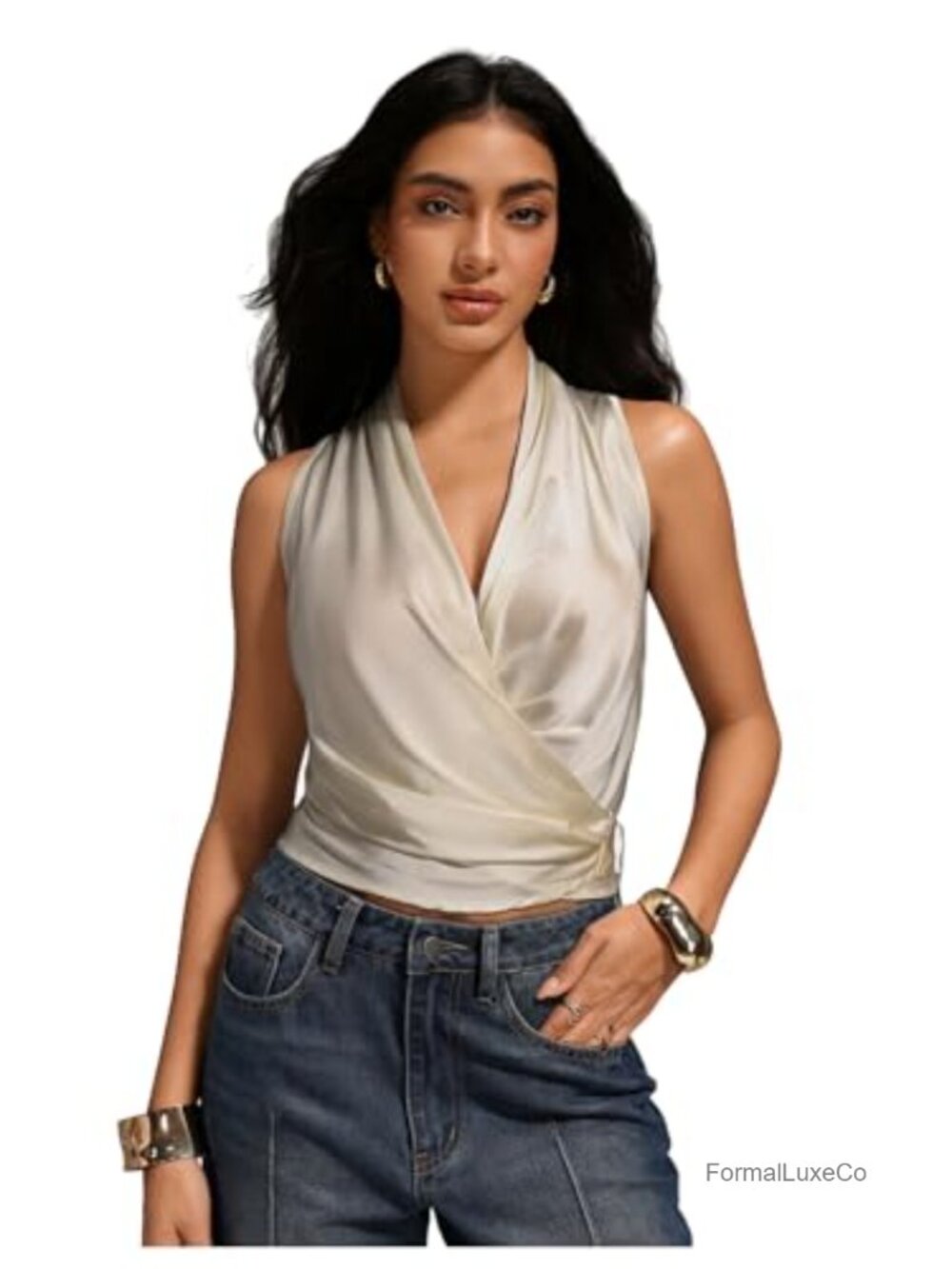 Satin Wrap Ruched Tie Side V Neck Sleeveless Blouse Tank Top